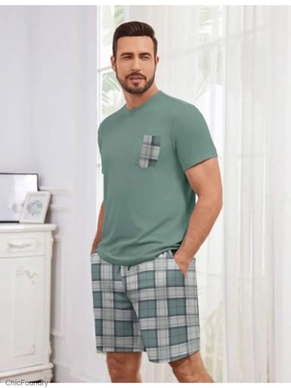 Cotton Blend Plaid Short Sleeve Pajama Set with Shorts 2 Piece Lounge Set